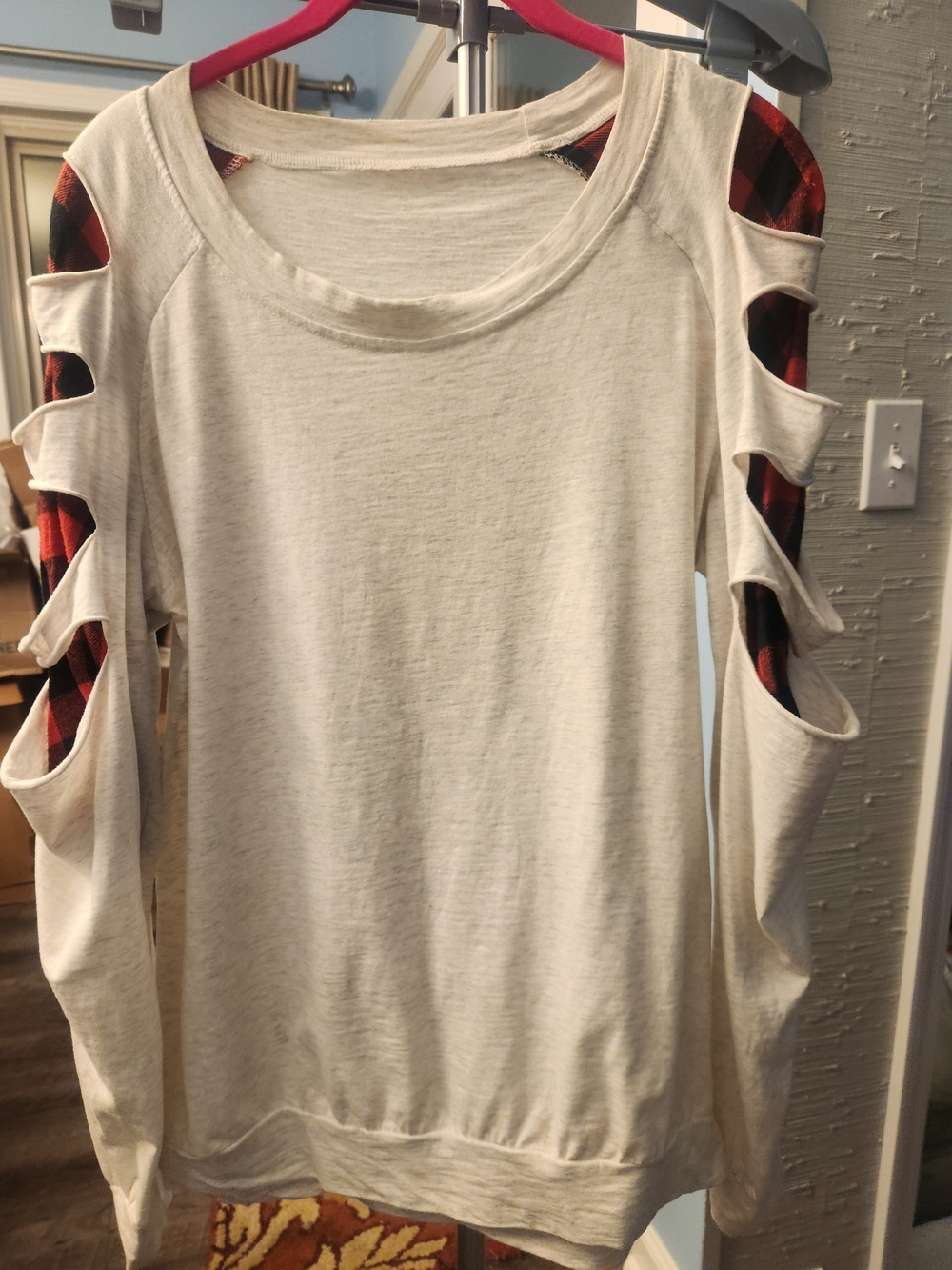 ASOS Cream Cut-out Sweatshirt with Red Plaid Trim